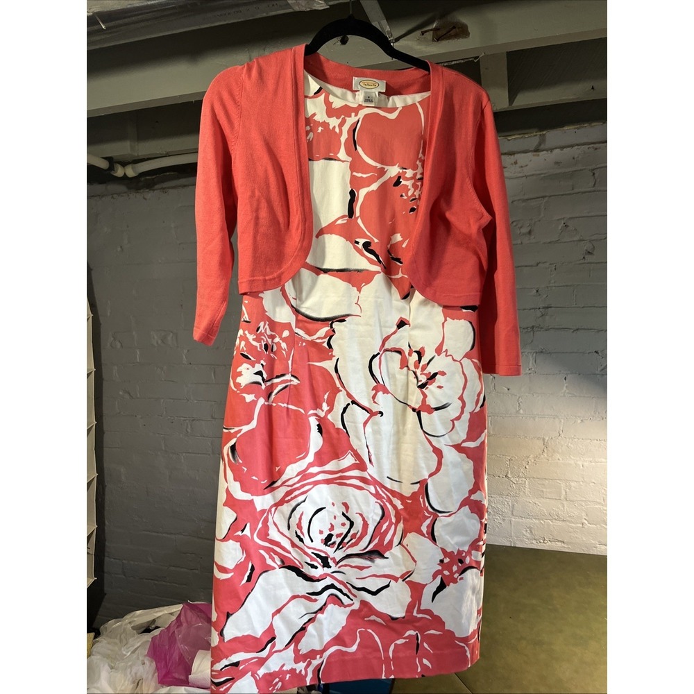 TALBOTS Petites Salmon W/Sweater Floral Sleeveless Above Knee Sheath Dress Sz 8